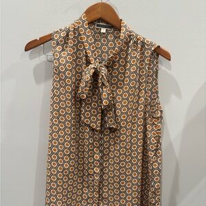 Pleione Brown Geometric Print Tie-Neck Blouse
